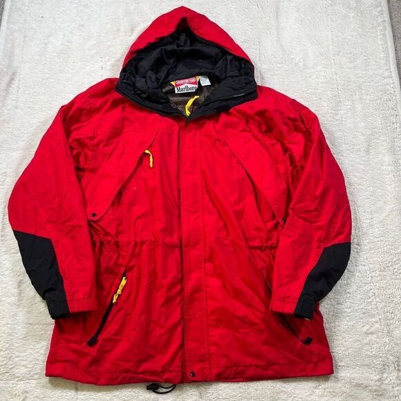 Vintage Marlboro Country Store Down Puffer Jacket Adult XL Red Hooded Parka - Picture 1 of 6